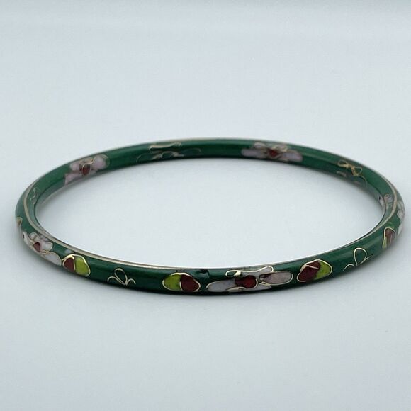 Vintage Green Cloisonne Enamel Bangle Bracelet With Pink Floral 7.5 in Floral - Picture 7 of 8